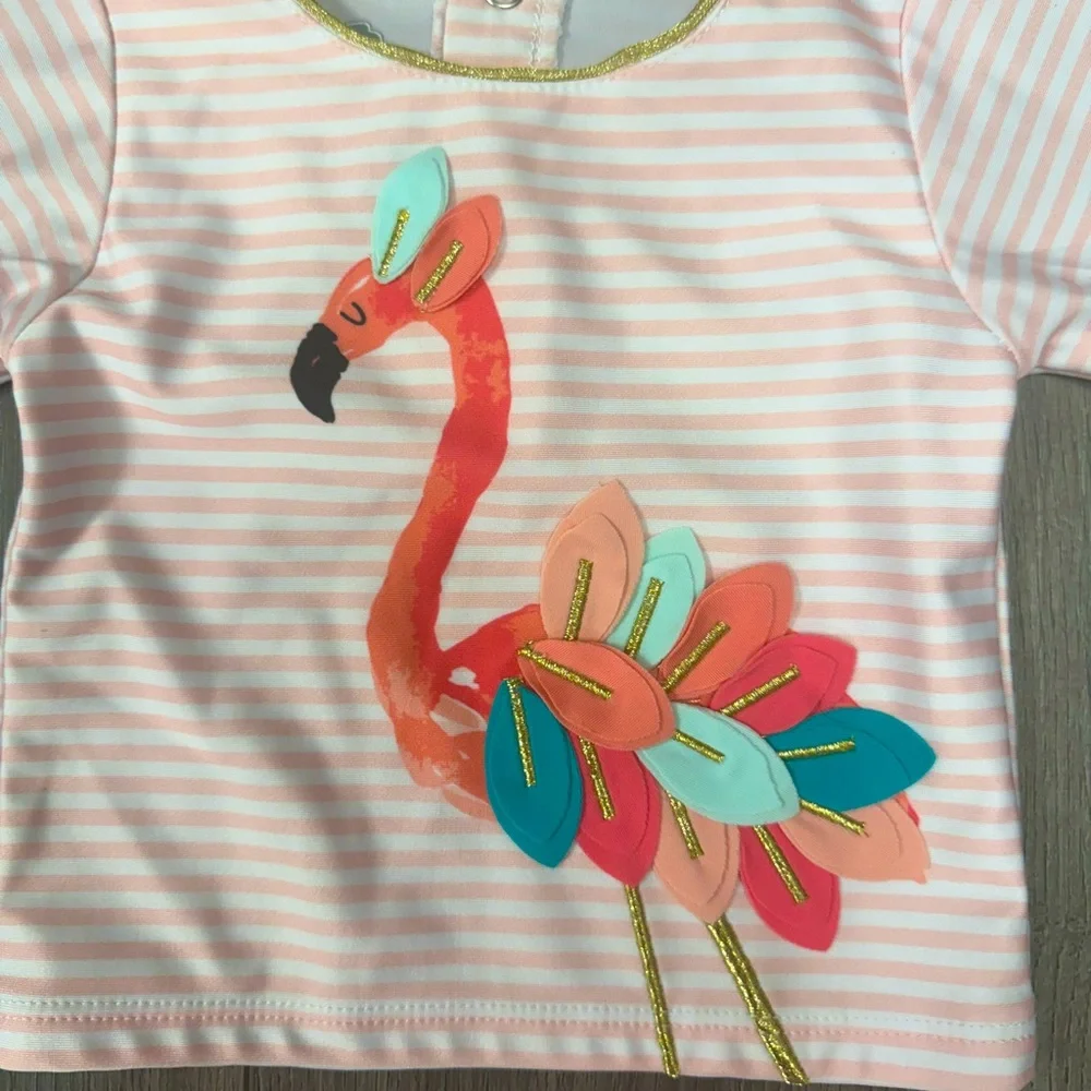 Mud Pie Adorable Baby Swimsuit, 3-6 months, Flamingo design with stripes ruffles